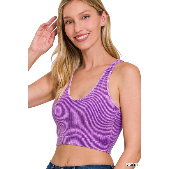 ROSLYN VIOLET WASHED RIBBED CROPPED SEAMLESS BRA PADDED TANK TOP - Picture 1 of 1